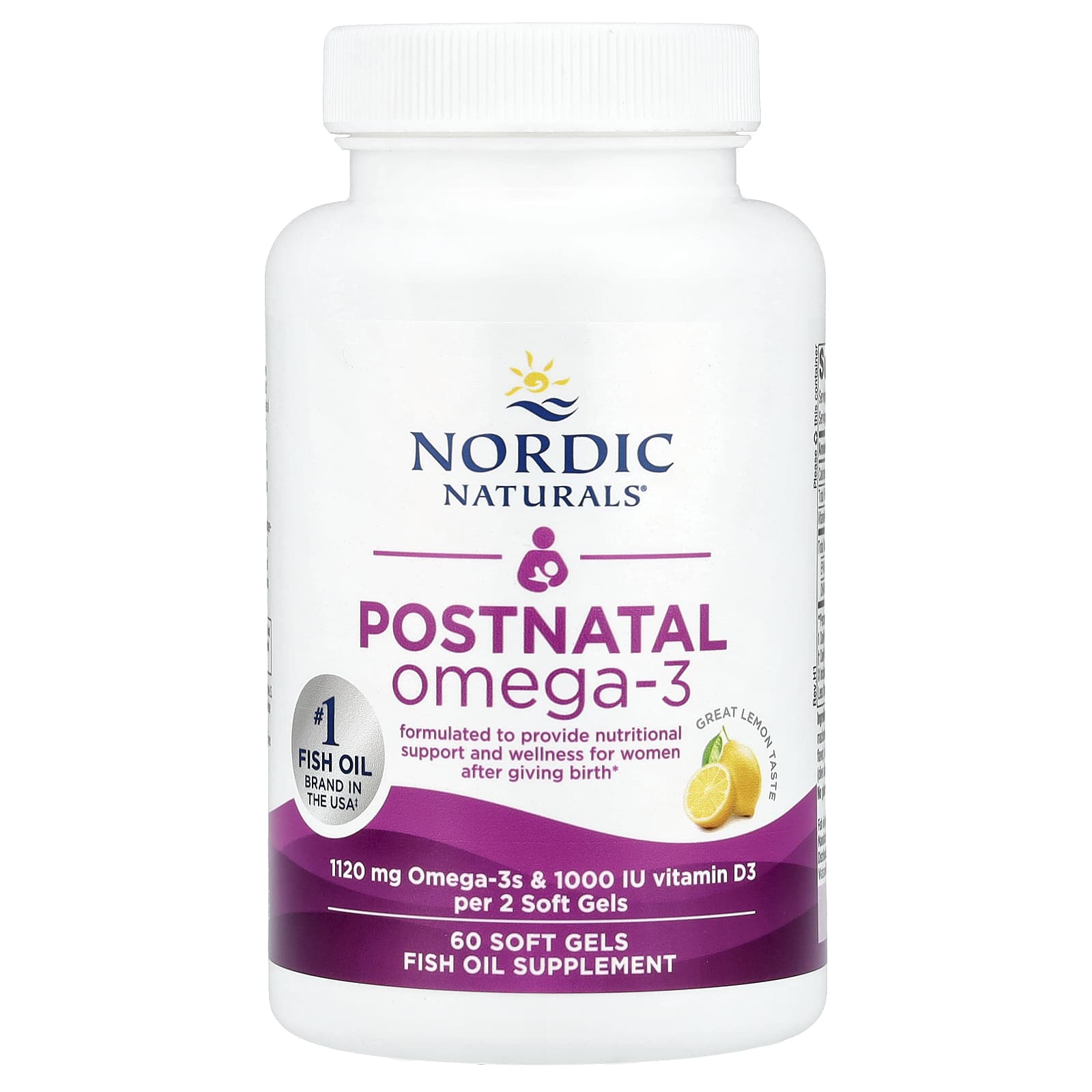 Омега-3 Nordic Naturals Postnatal, вкус Lemon, 60 мягких капсул