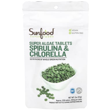 Хлорелла Sunfood Super Algae Tablets Spirulina &, 250 мг, 57 г, 228 таблеток