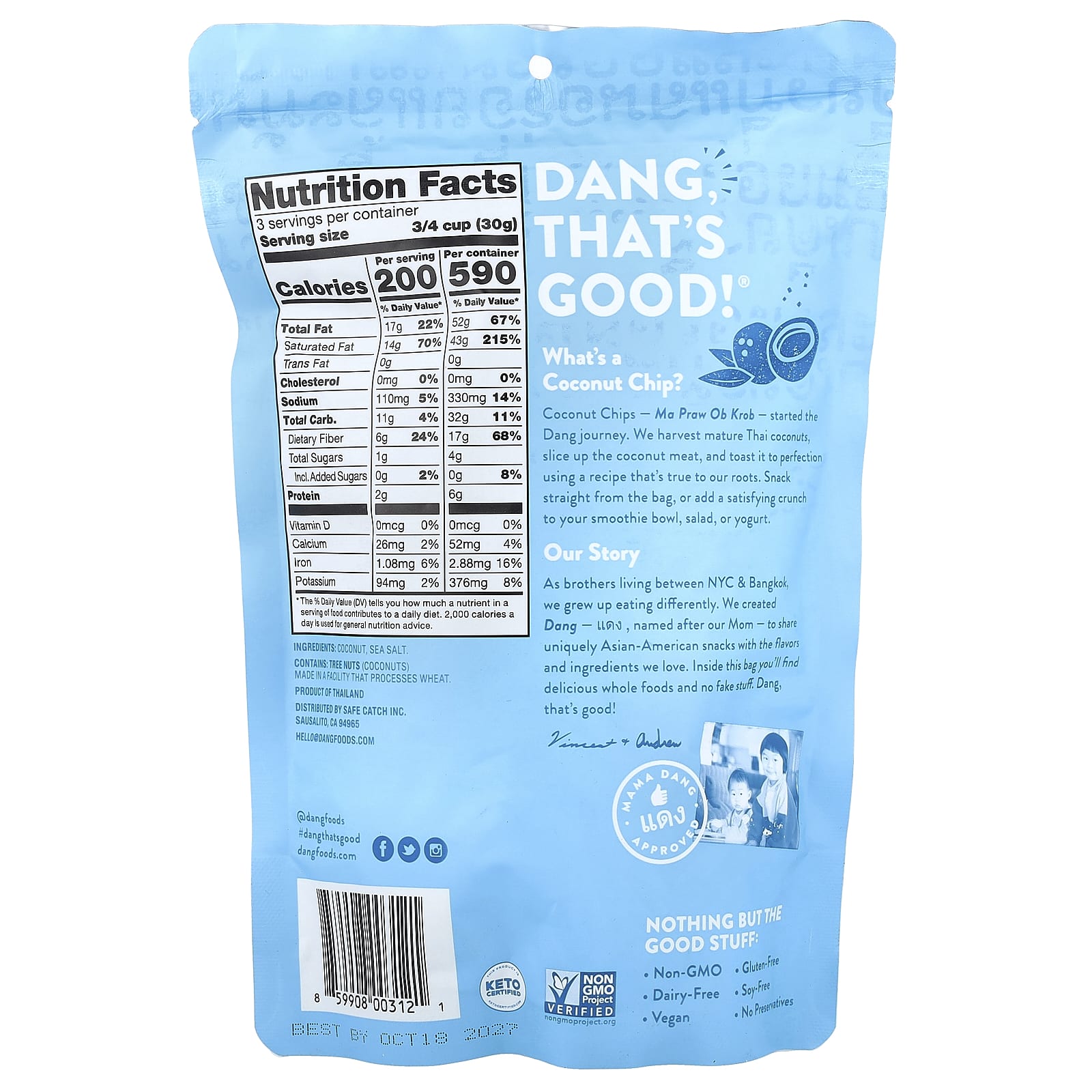 Чипсы Dang Foods Lightly Salted, вкус Coconut Chips, 90 г — фото 2