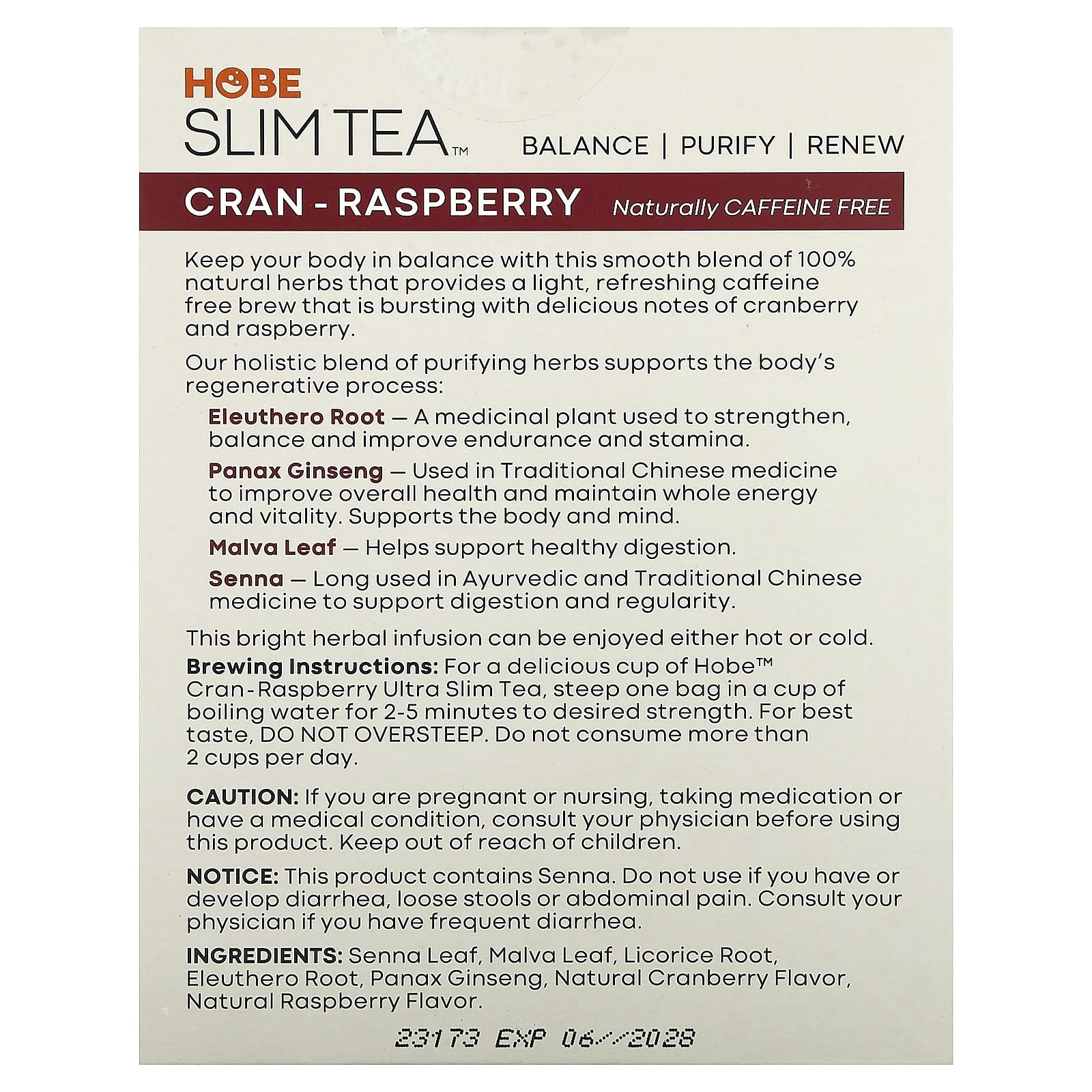 Травяной чай Hobe Labs Ultra Slim Tea 24 Bags, без кофеина, вкус Cran-Raspberry, 48 г, чайные пакетики — фото 3