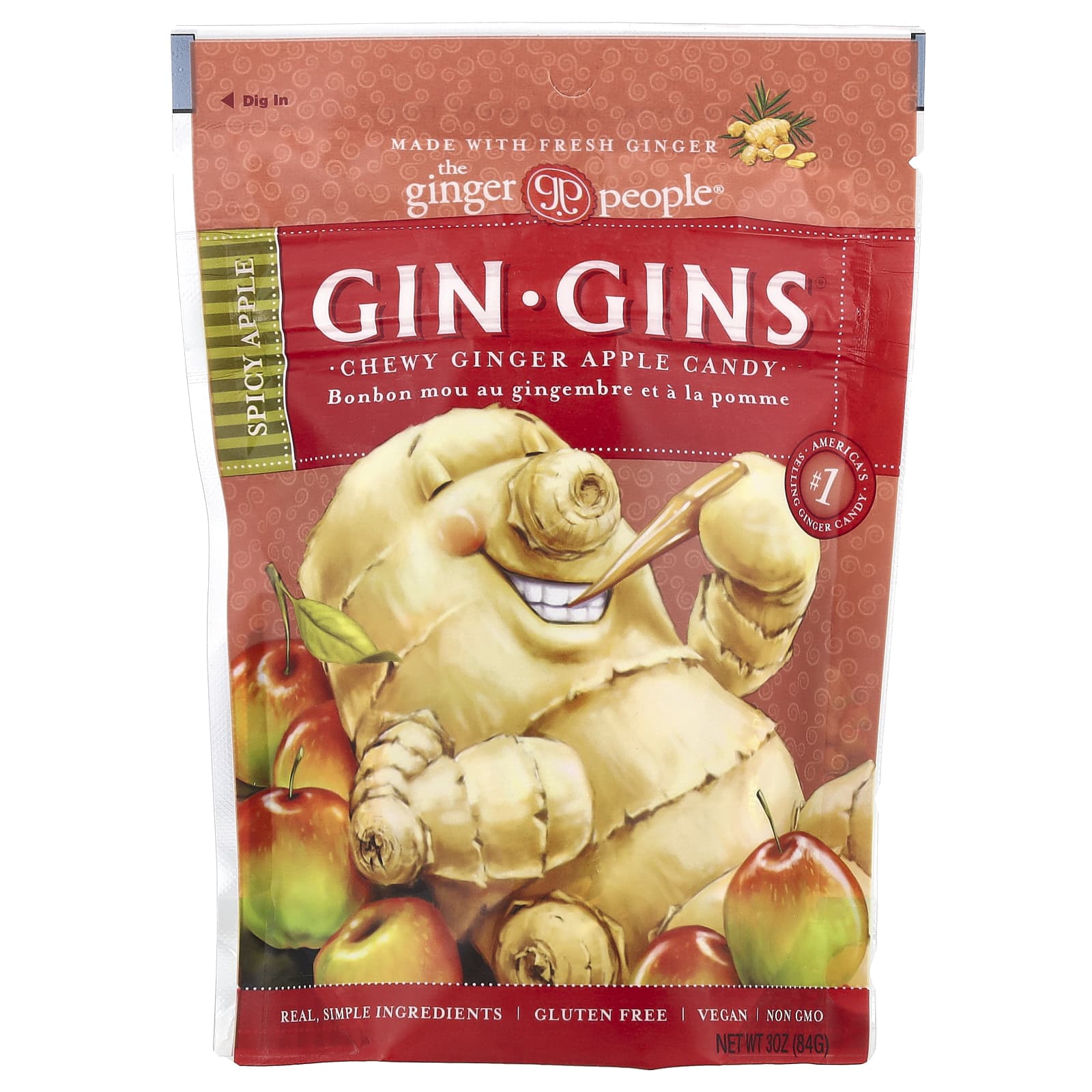 Имбирь The Ginger People Gin Gins® Chewy Apple Candy Spicy Apple, вкус Chewy Ginger Apple Candy, Spicy Apple, 84 г