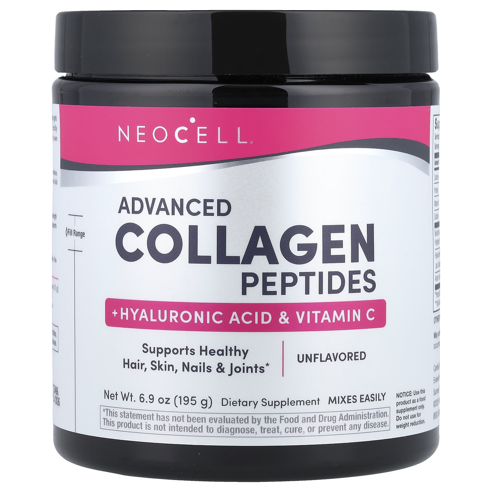 Гиалуроновая кислота NeoCell Advanced Collagen Peptides & Vitamin C, без вкуса, 195 г