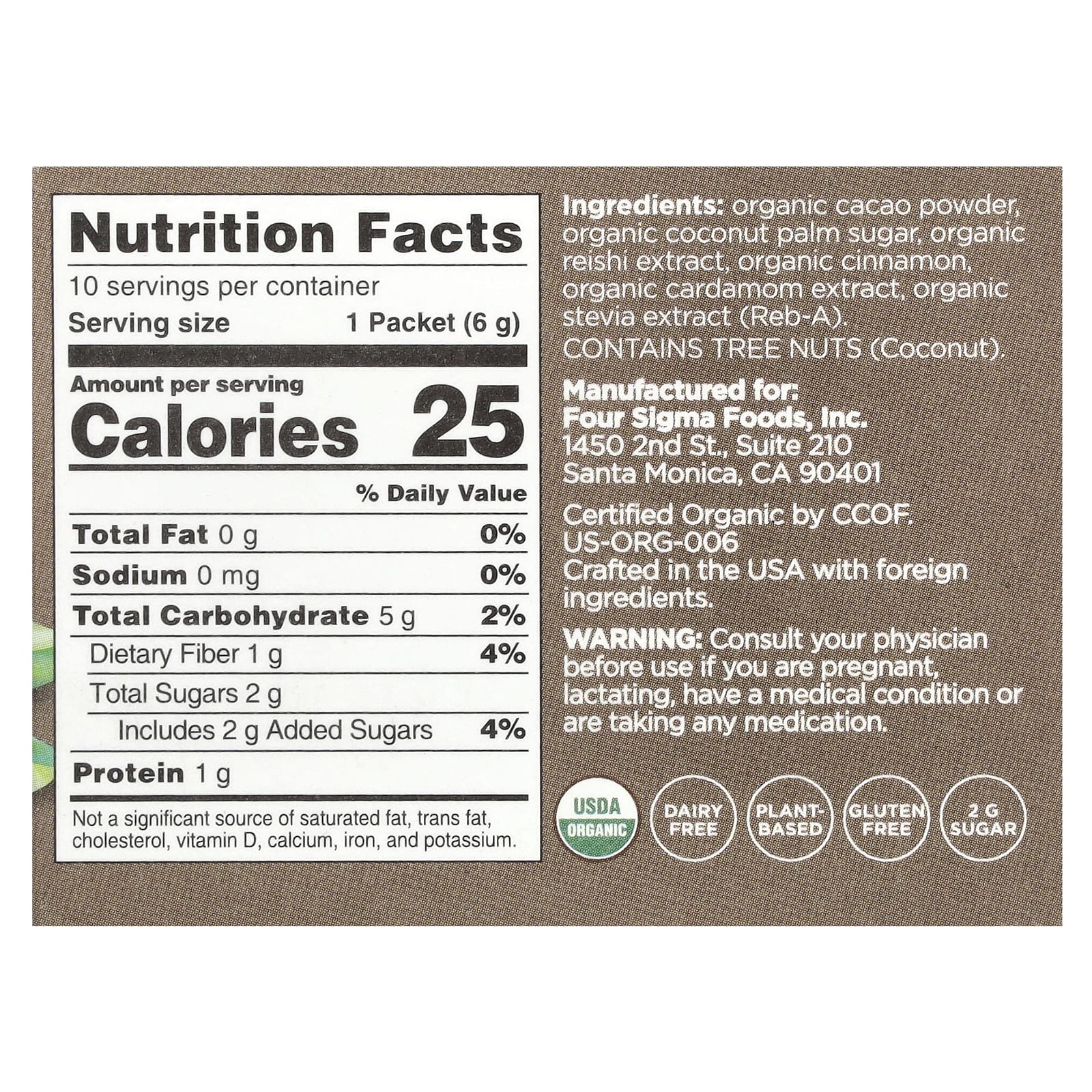 Рейши Four Sigmatic Calm Organic Cacao Mix with Mushroom, оттенок 10 Packets, 6 г, саше — фото 2