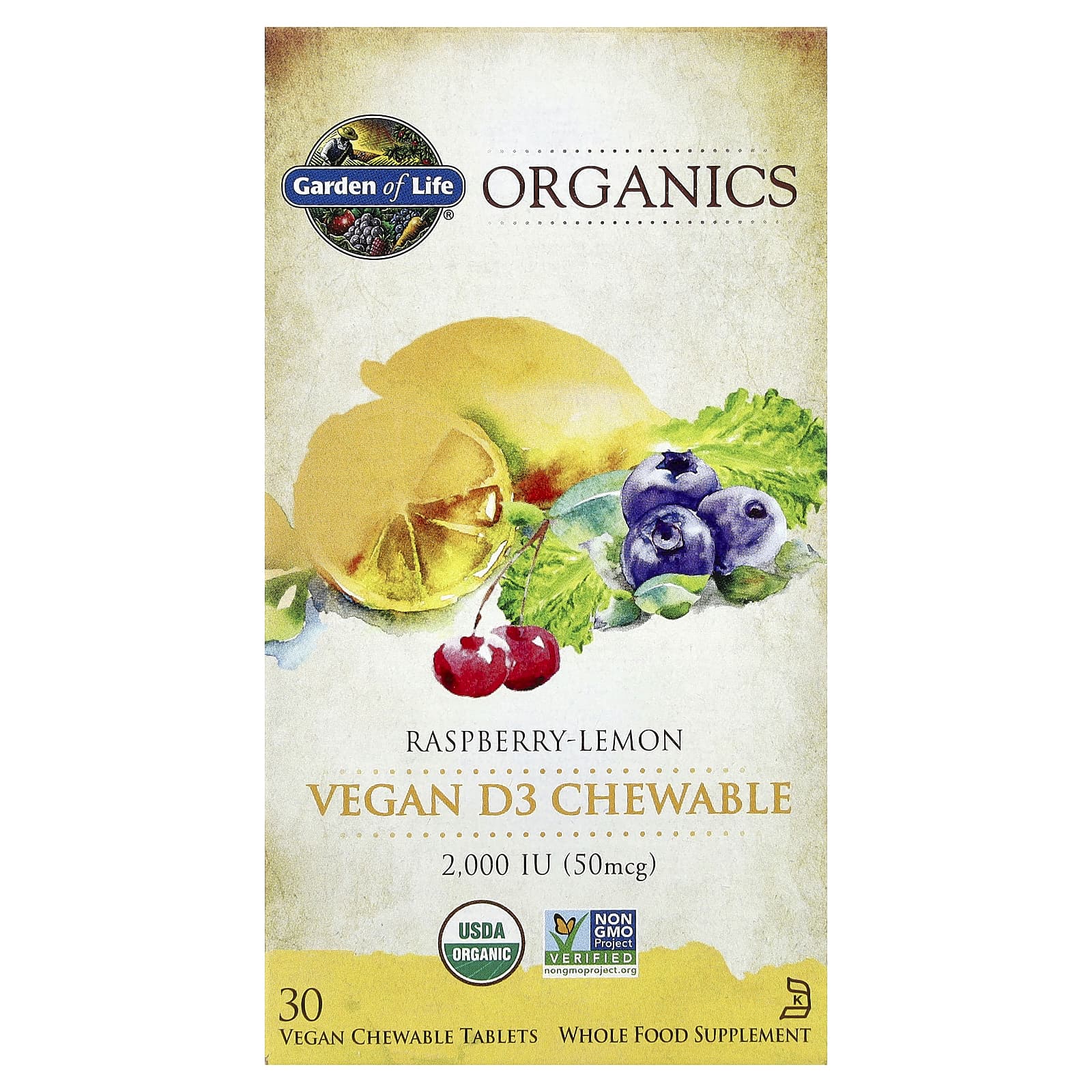 Витамин D3 Garden of Life Organics Vegan Chewable 30 Vegan, вкус Raspberry-Lemon, жевательные таблетки — фото 2