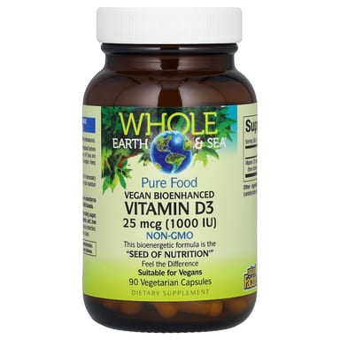 Витамин D3 Natural Factors Whole Earth & Sea Vegan Bioenhanced, 25 мкг (1000 МЕ), 90 растительных капсул