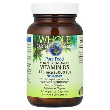 Витамин D3 Natural Factors Whole Earth & Sea® Vegan Bioenhanced, 125 мкг (5000 МЕ), 60 растительных капсул