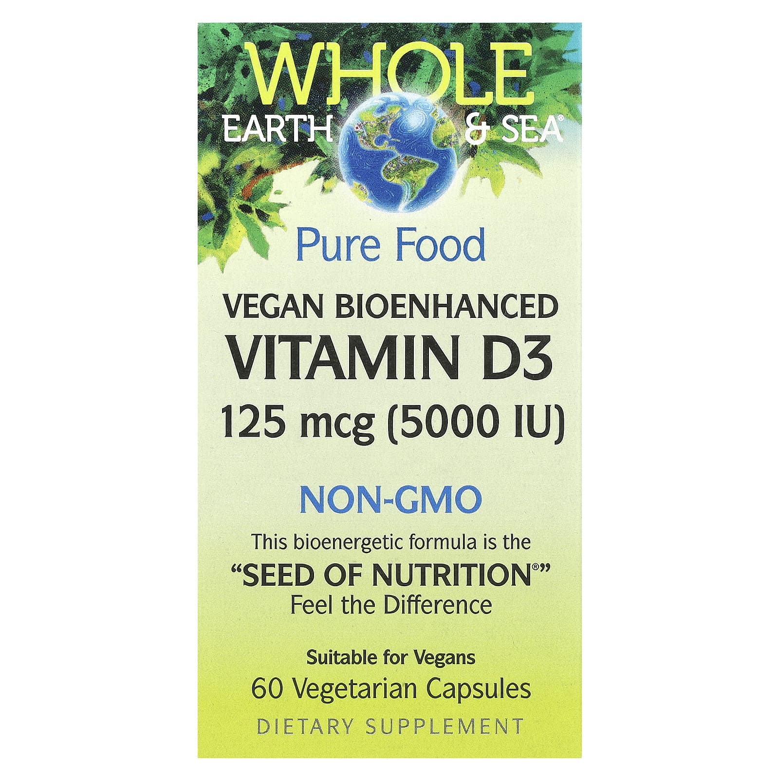 Витамин D3 Natural Factors Whole Earth & Sea® Vegan Bioenhanced, 125 мкг (5000 МЕ), 60 растительных капсул — фото 2