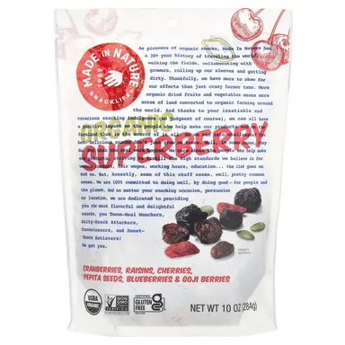 Фото товара: Ягоды годжи Made in Nature Cranberries Raisins Cherries Peptia Seeds Blueberries &, Organic Superberry, 284 г