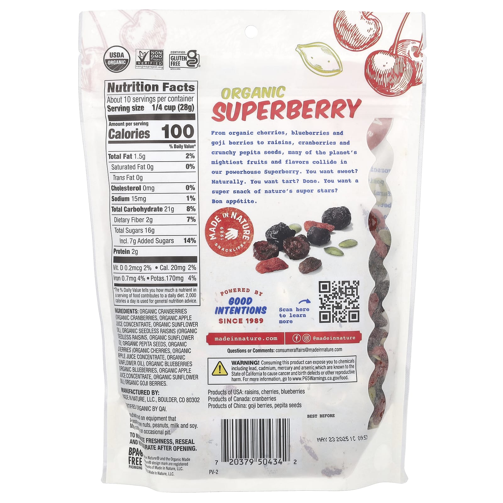 Ягоды годжи Made in Nature Cranberries Raisins Cherries Peptia Seeds Blueberries &, вкус Organic Superberry, 284 г — фото 2