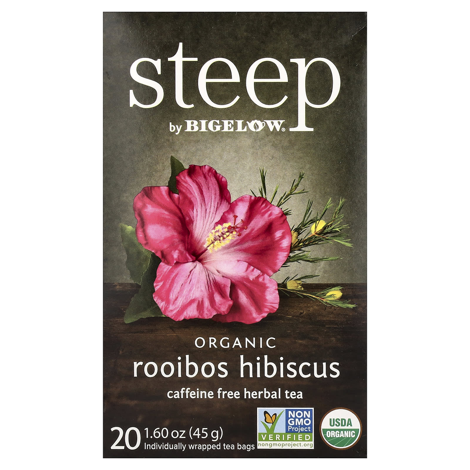 Травяной чай Bigelow Steep Organic Rooibos Hibiscus 20 Tea Bags, без кофеина, 45 г, чайные пакетики — фото 2