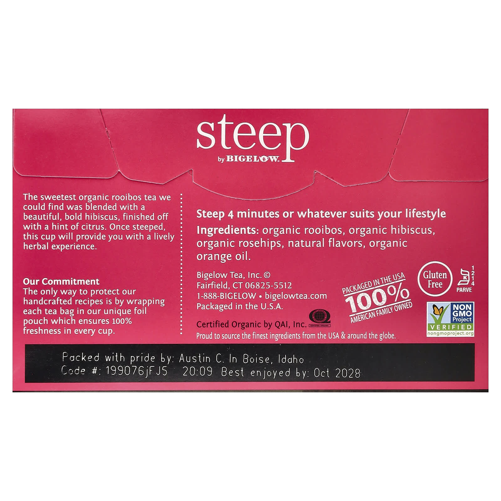 Травяной чай Bigelow Steep Organic Rooibos Hibiscus 20 Tea Bags, без кофеина, 45 г, чайные пакетики — фото 3