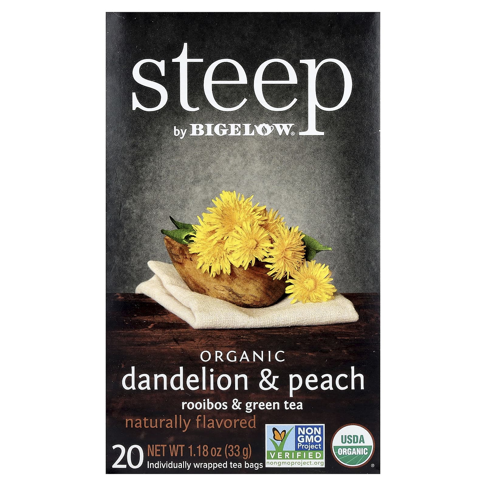 Зеленый чай Bigelow Steep Organic Rooibos & Dandelion & Pear 20 Tea Bags, 33 г, чайные пакетики — фото 2
