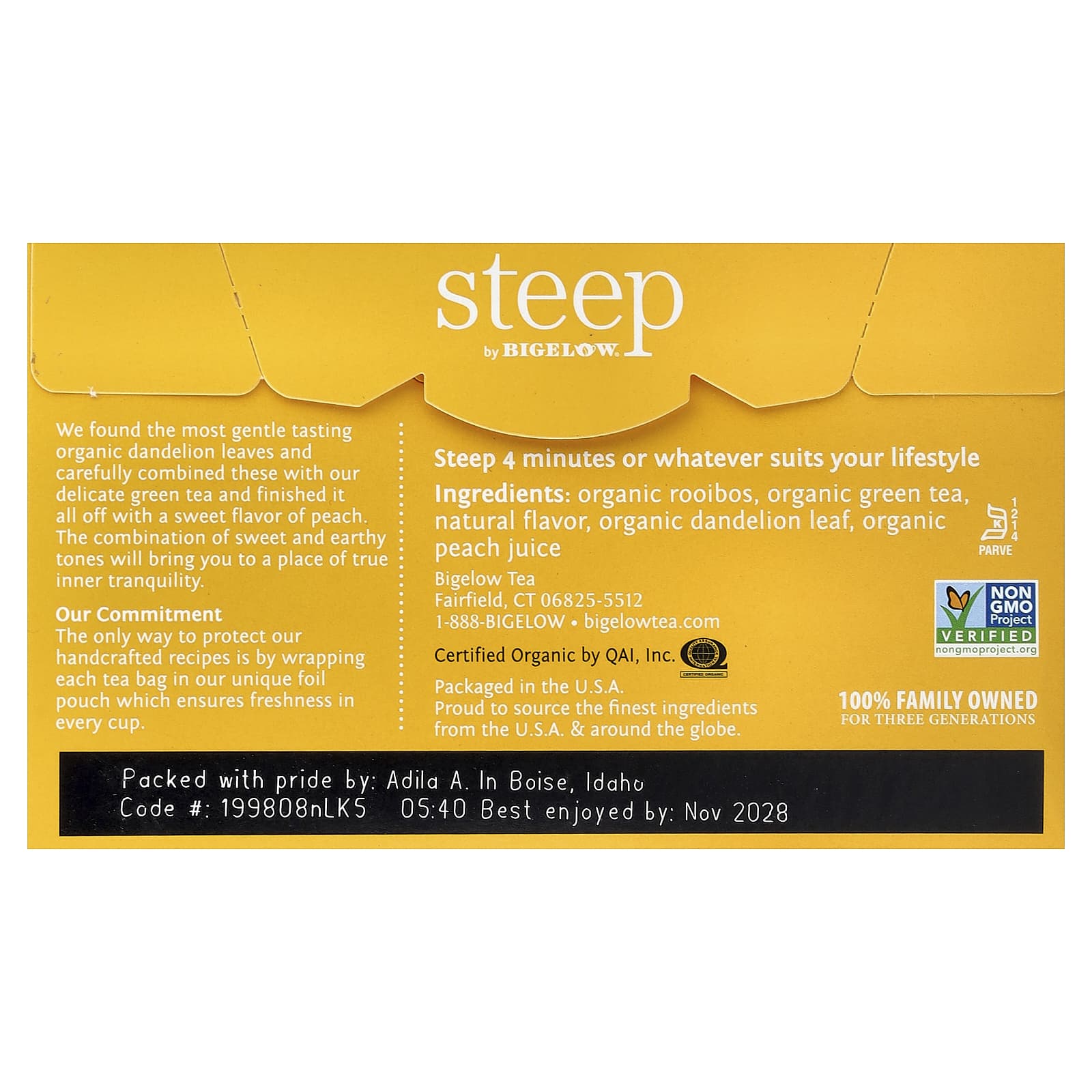 Зеленый чай Bigelow Steep Organic Rooibos & Dandelion & Pear 20 Tea Bags, 33 г, чайные пакетики — фото 3