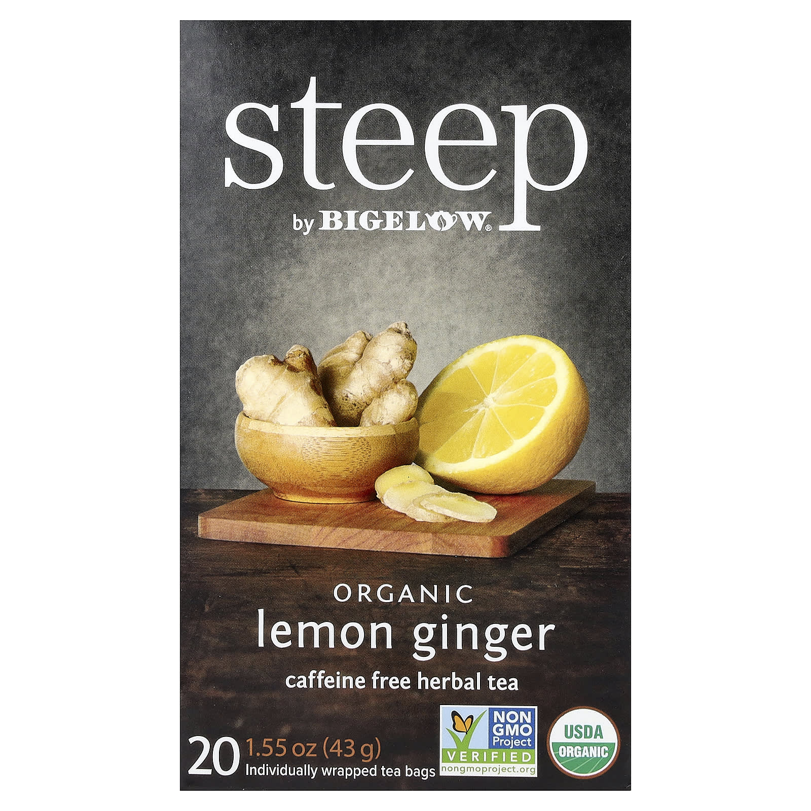 Травяной чай Bigelow Steep Organic 20 Tea Bags, без кофеина, вкус Lemon Ginger, 43 г, чайные пакетики — фото 2