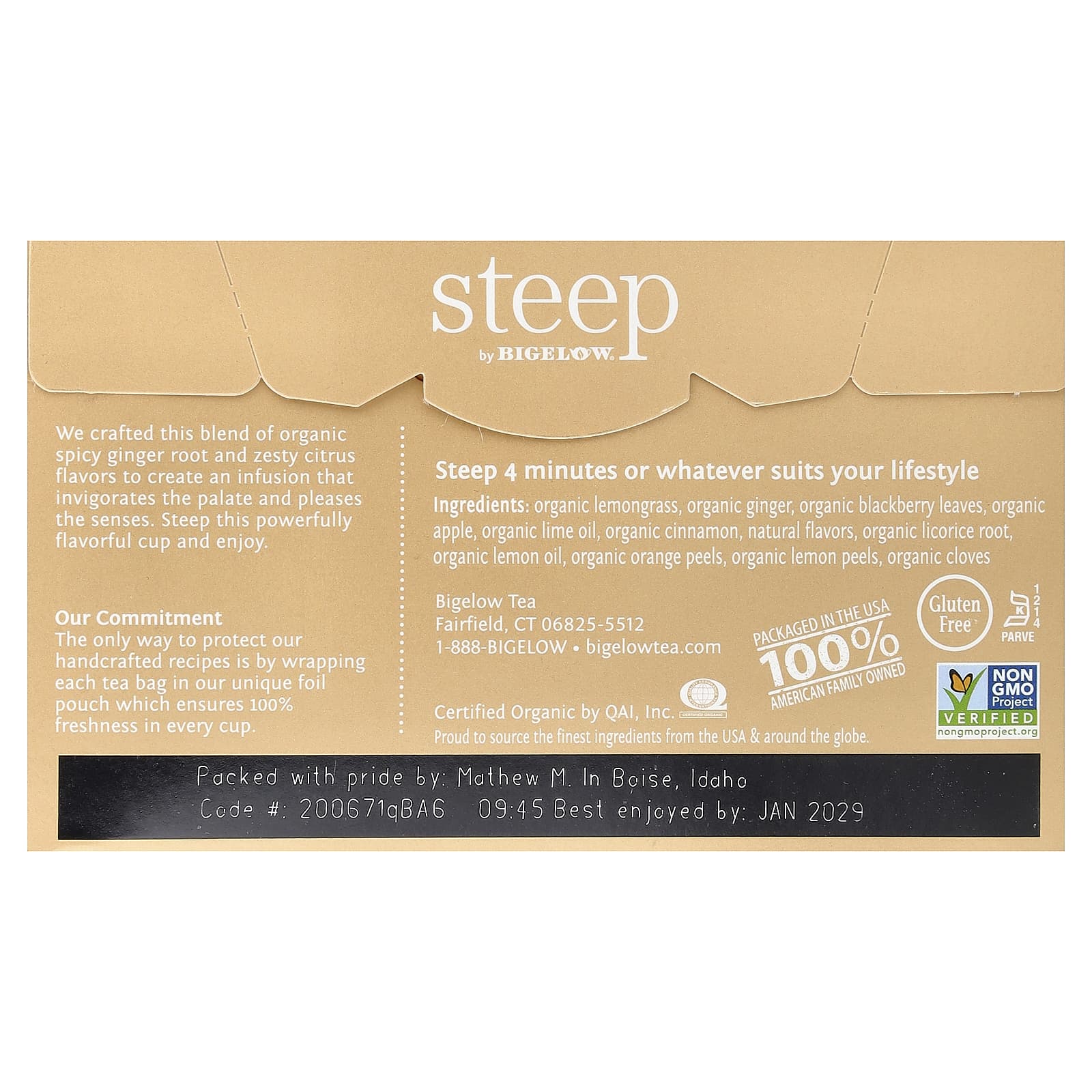 Травяной чай Bigelow Steep Organic 20 Tea Bags, без кофеина, вкус Lemon Ginger, 43 г, чайные пакетики — фото 3