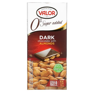 Темный шоколад Valor 0% Sugar Added, вкус Dark Chocolate with Almonds, 150 г