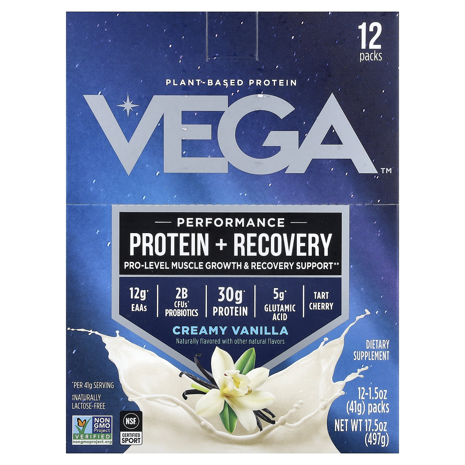 Протеин Vega Plant-Based Performance Recovery, вкус Creamy Vanilla, 41 г, 12 пакетов — фото 2