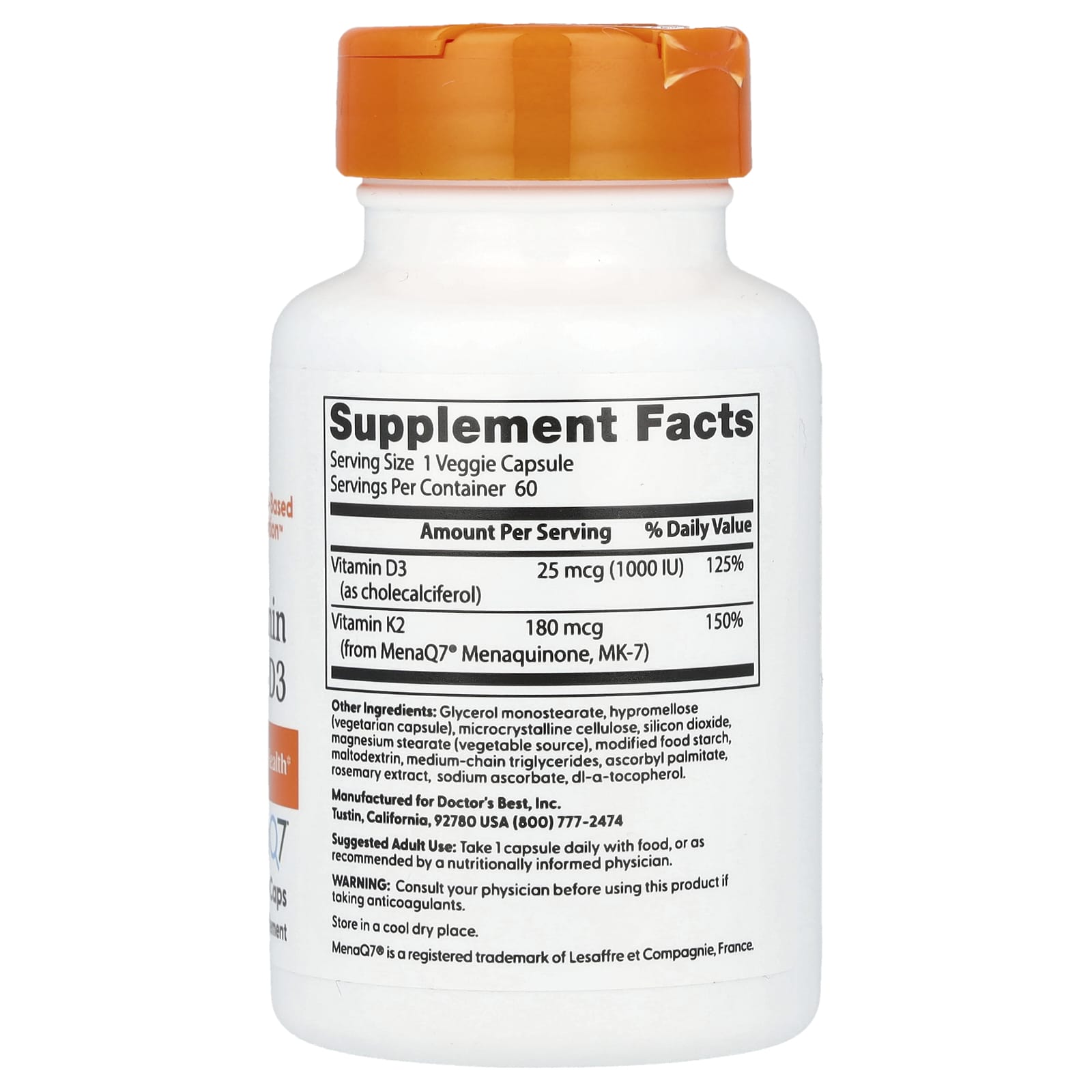 Витамин D3 Doctor's Best Natural Vitamin K2 MK-7 plus, 180 мкг, 60 растительных капсул — фото 2