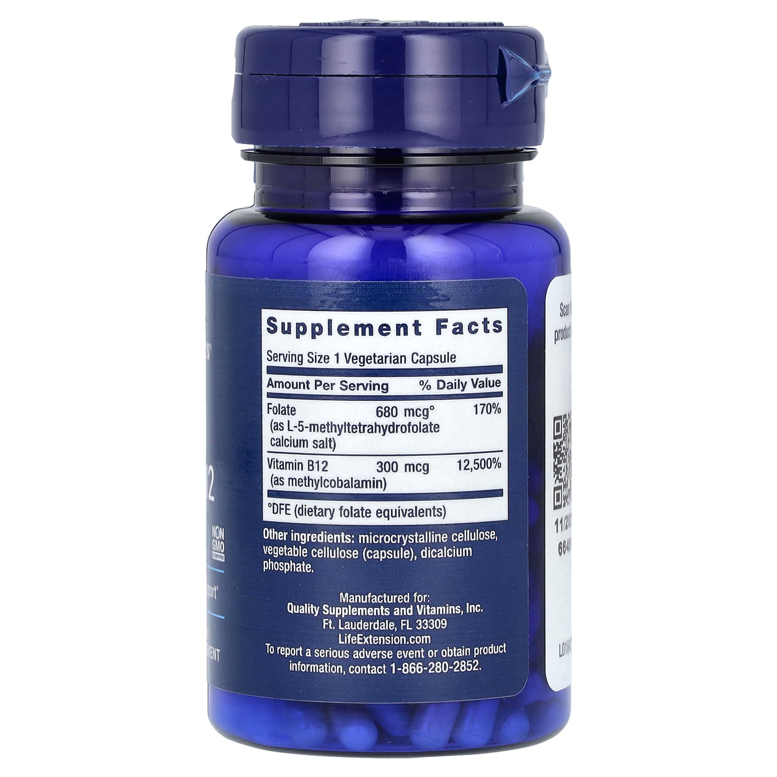 Витамин B12 Life Extension BioActive Folate &, 90 растительных капсул — фото 2