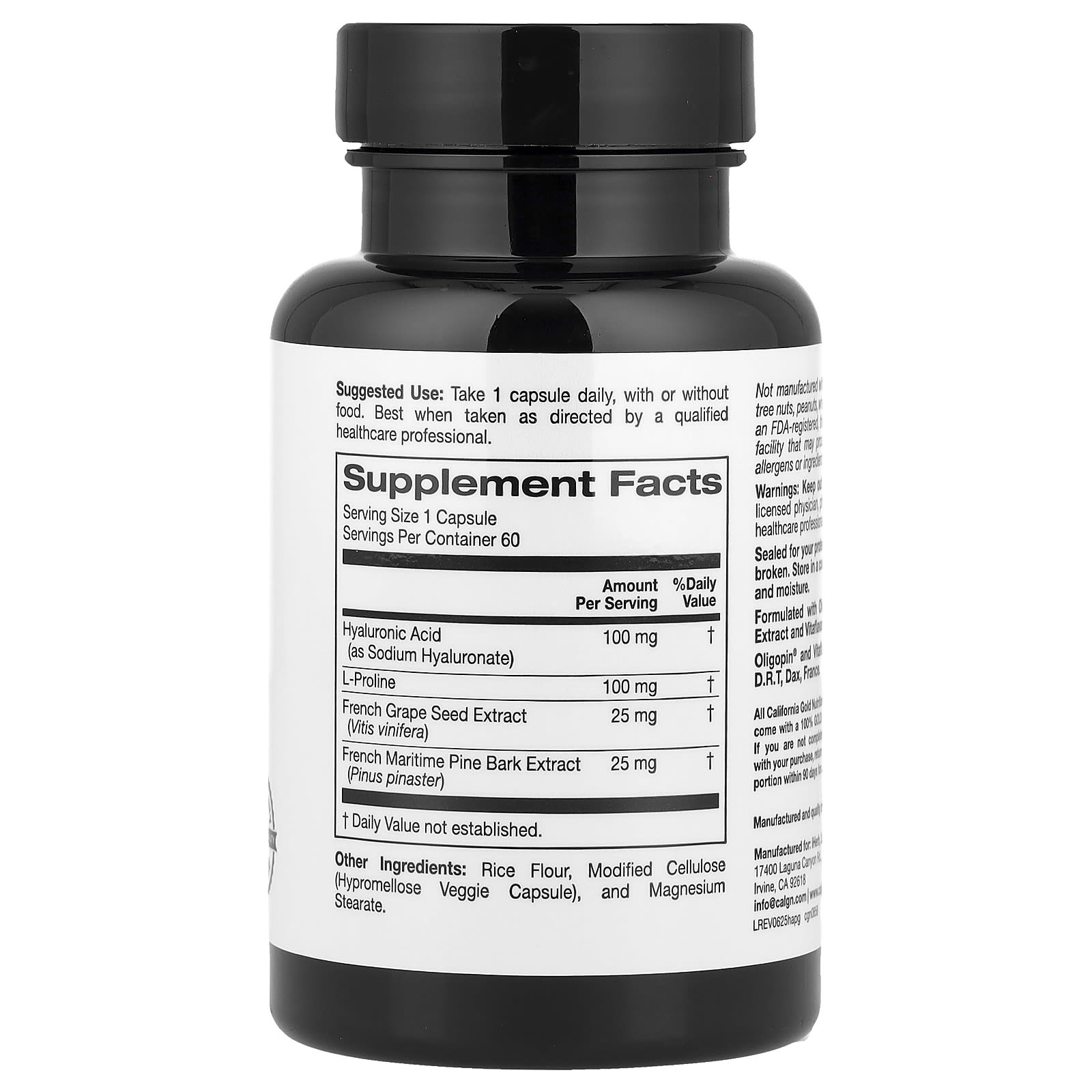 Гиалуроновая кислота California Gold Nutrition Complex with L-Proline, вкус French Grape Seed and French Maritime Pine Bark Extract, 60 растительных капсул — фото 4