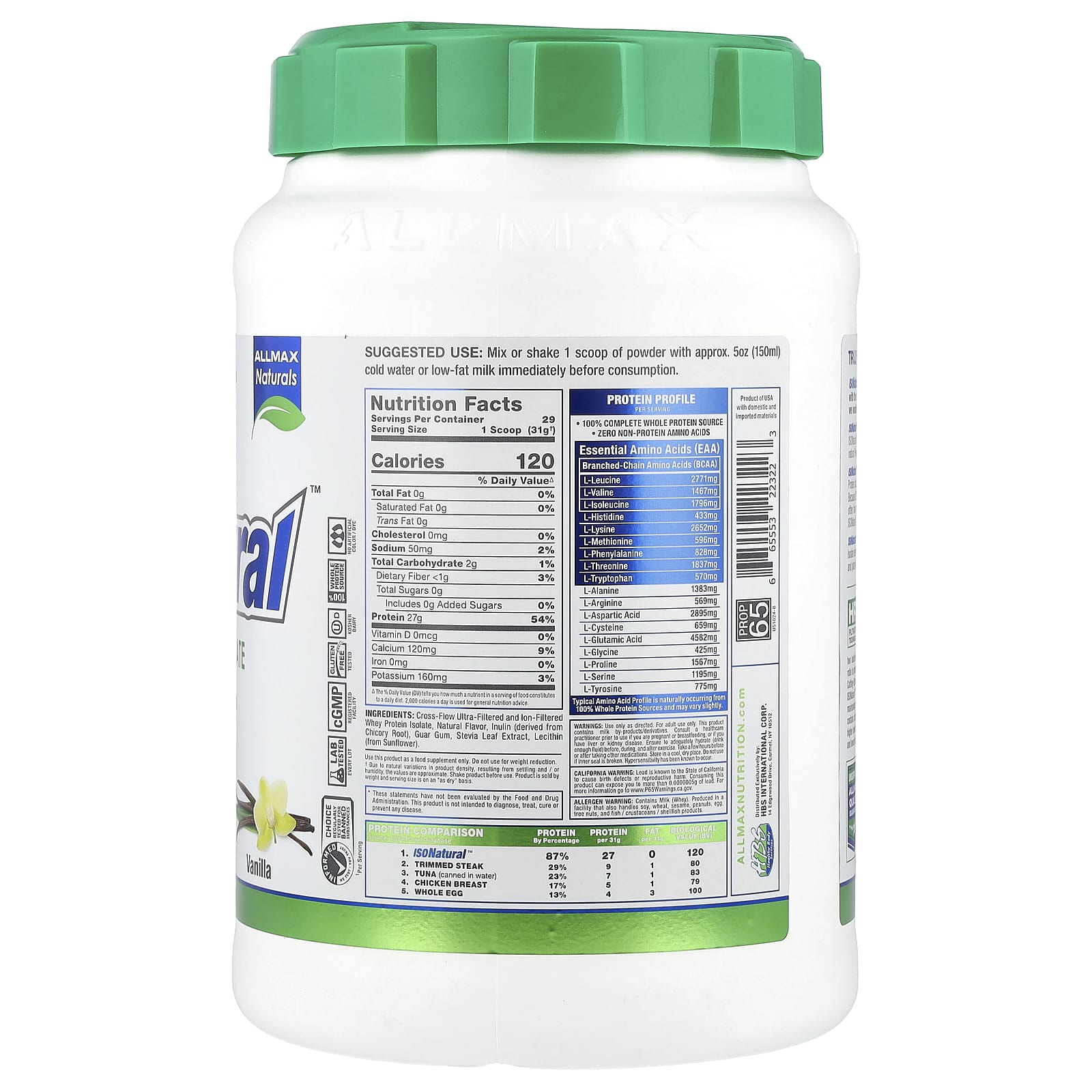 Сывороточный протеин ALLMAX ISONatural™ Isolate, вкус Vanilla, 907 г — фото 2