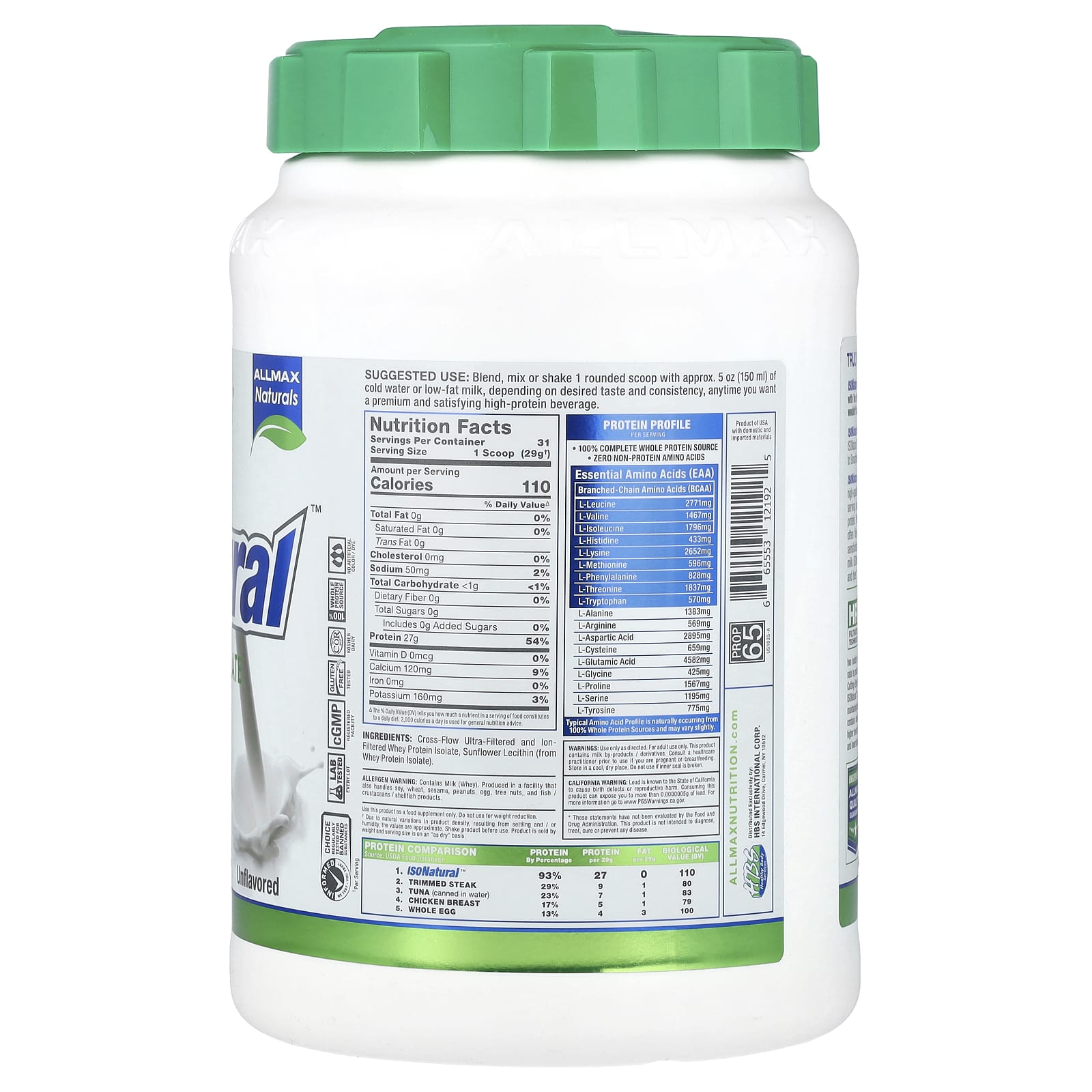 Сывороточный протеин ALLMAX ISONatural™ Isolate, без вкуса, 907 г — фото 2