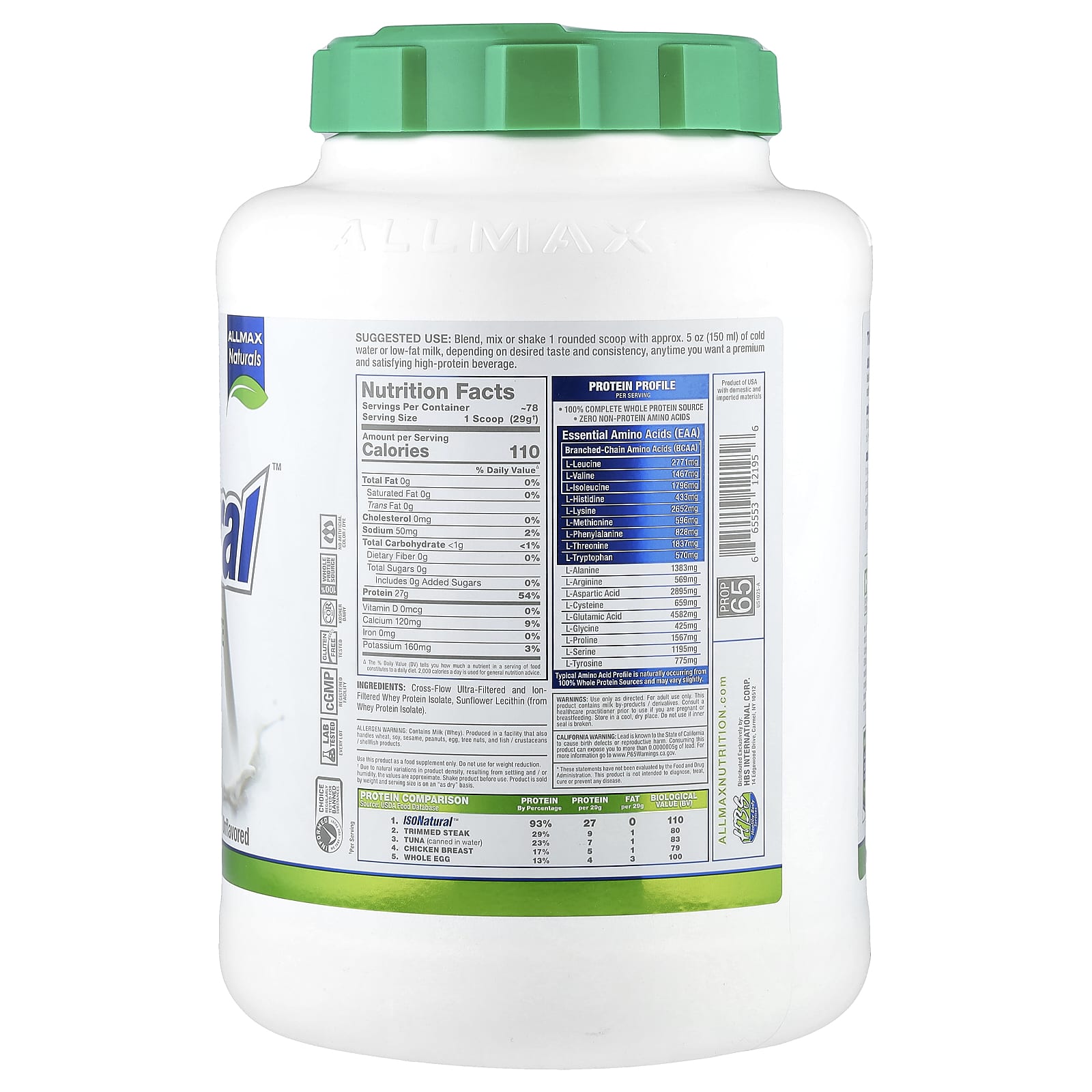 Сывороточный протеин ALLMAX ISONatural™ Isolate, без вкуса, 2.27 кг — фото 2
