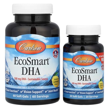 DHA Carlson EcoSmart®, вкус Natural Lemon, 500 мг, 60 мягких капсул, 20 мягких капсул