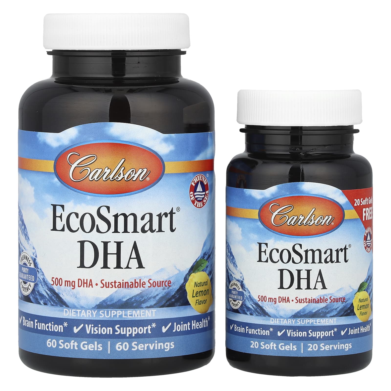 DHA Carlson EcoSmart®, вкус Natural Lemon, 500 мг, 60 мягких капсул, 20 мягких капсул