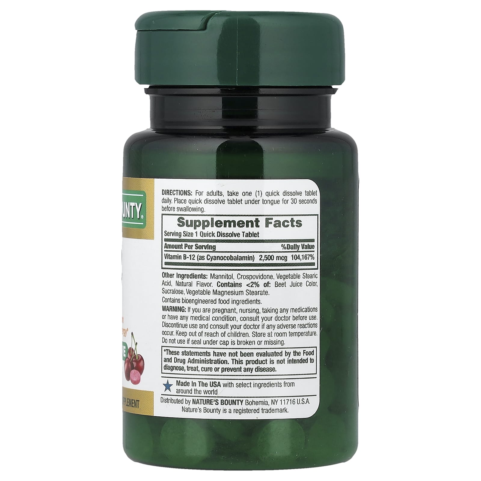 Витамин B12 Nature's Bounty 75 Quick Dissolve Tablets, вкус Cherry, 2500 мкг, таблетки — фото 2