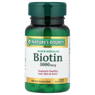 Фото товара: Биотин Nature's Bounty 60 Quick Dissolve Tablets, вкус «клубника», 5000 мкг, таблетки
