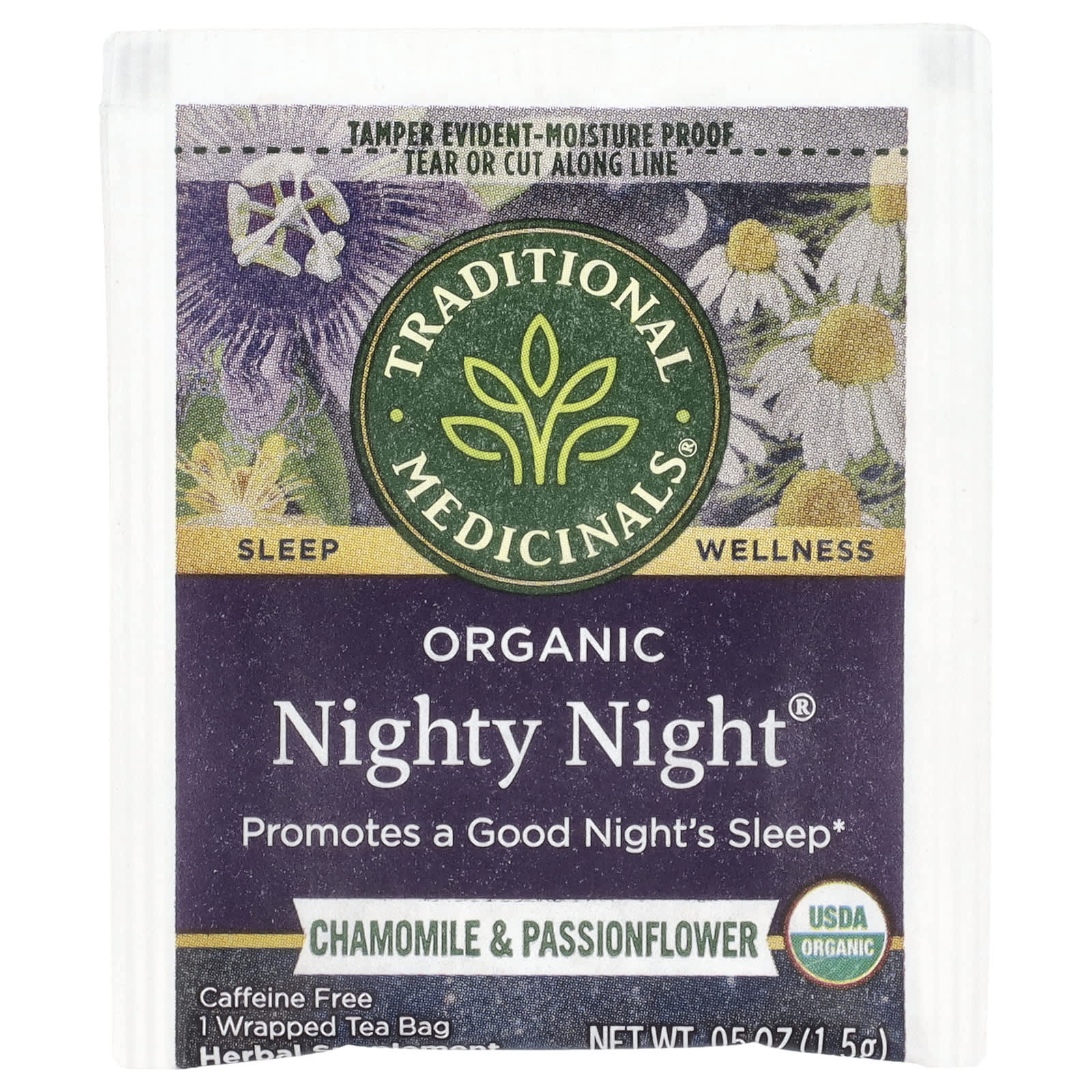 Чайные пакетики Traditional Medicinals Organic Nighty Night® Chamomile & Passionflower, без кофеина, 24 г, 16 чайных пакетиков — фото 3