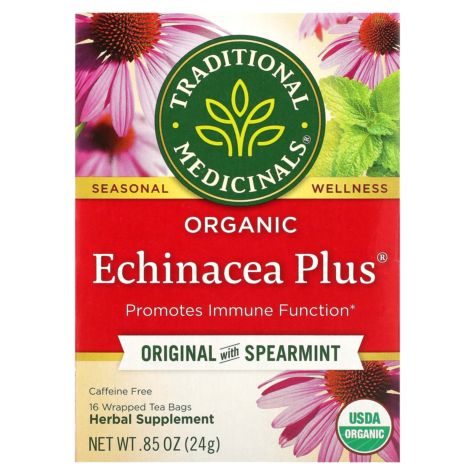 Чайные пакетики Traditional Medicinals Organic Echinacea Plus® Original with Spearmint, без кофеина, 24 г, 16 чайных пакетиков — фото 2