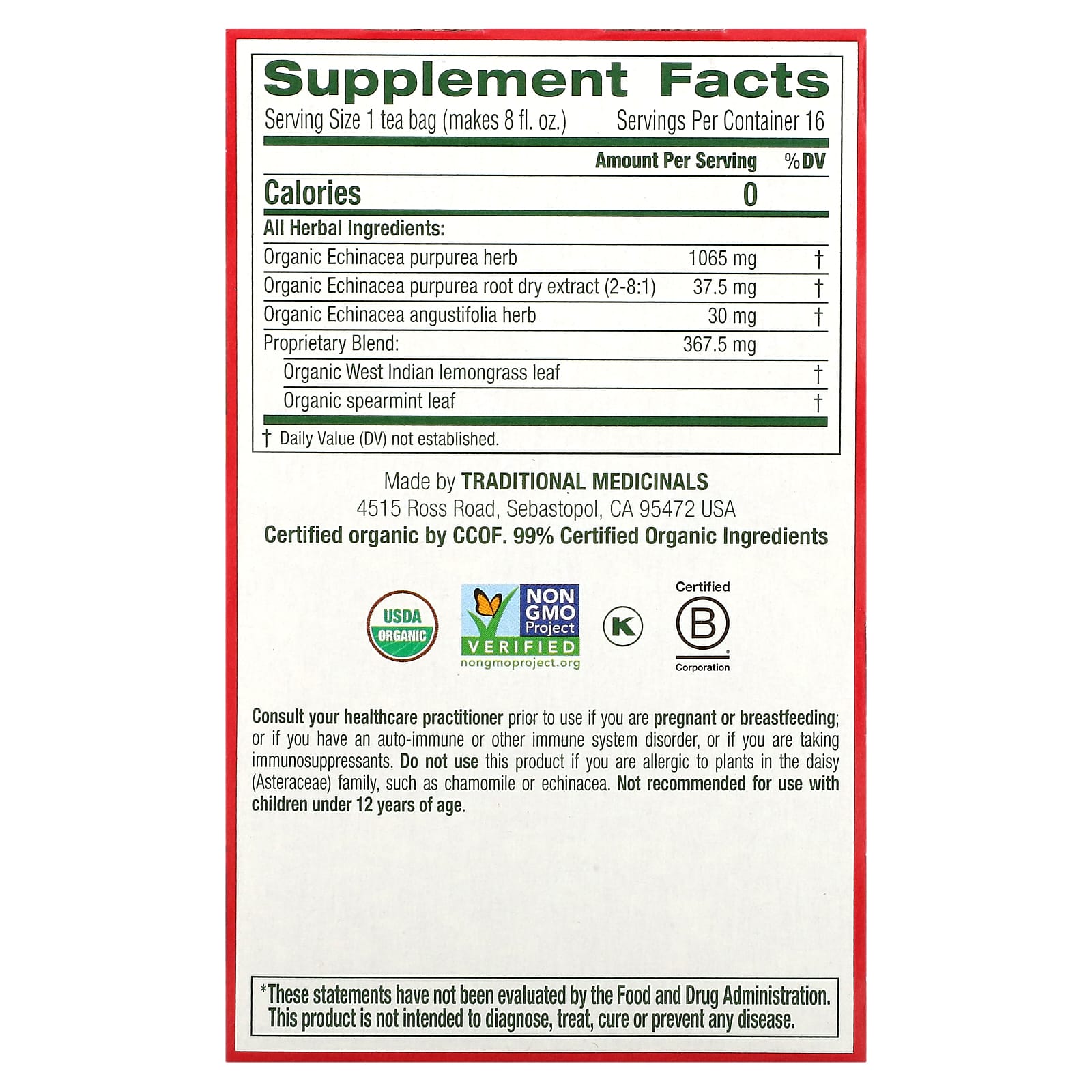 Чайные пакетики Traditional Medicinals Organic Echinacea Plus® Original with Spearmint, без кофеина, 24 г, 16 чайных пакетиков — фото 3