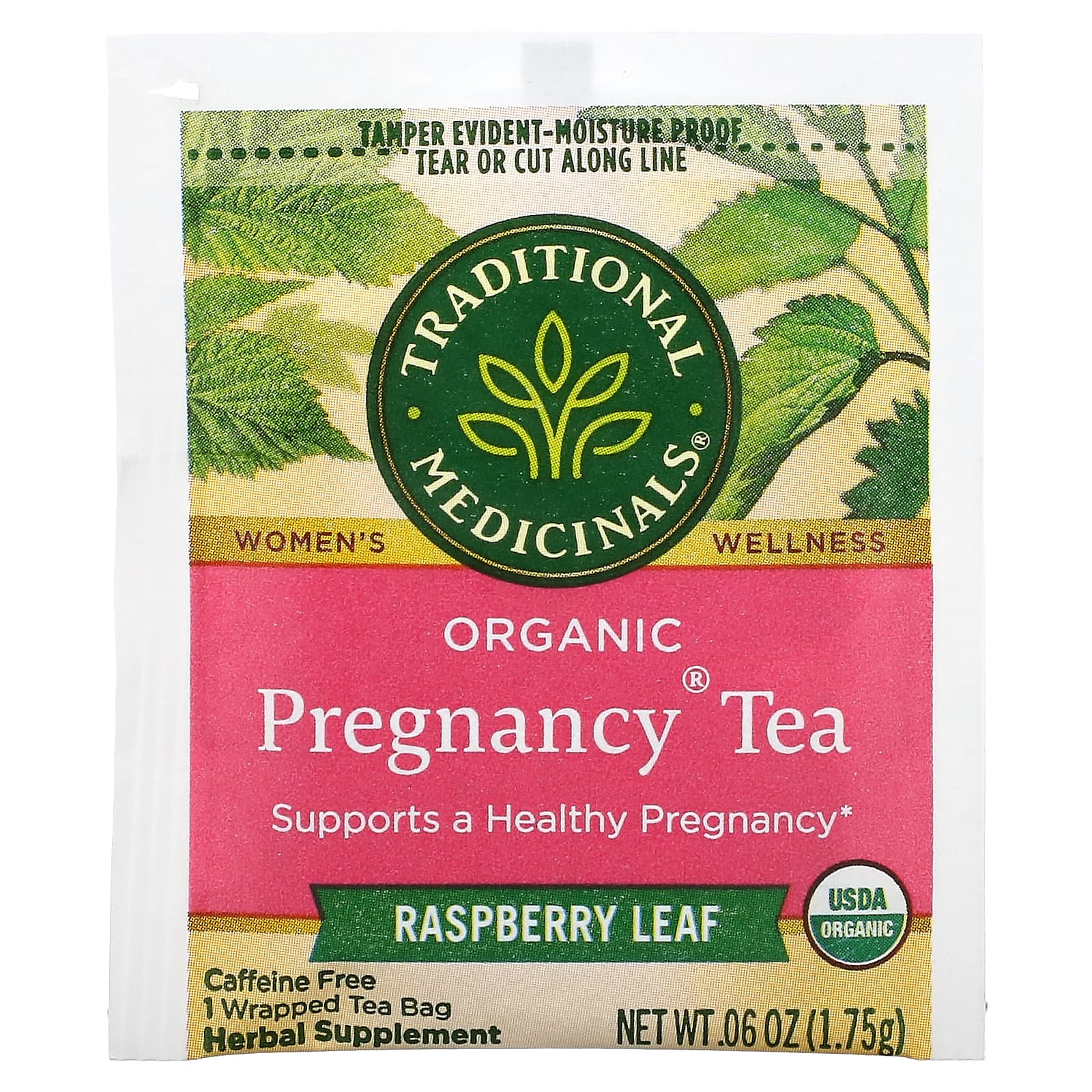 Чайные пакетики Traditional Medicinals Organic Pregnancy® Tea, без кофеина, вкус Raspberry Leaf, 28 г, 16 чайных пакетиков