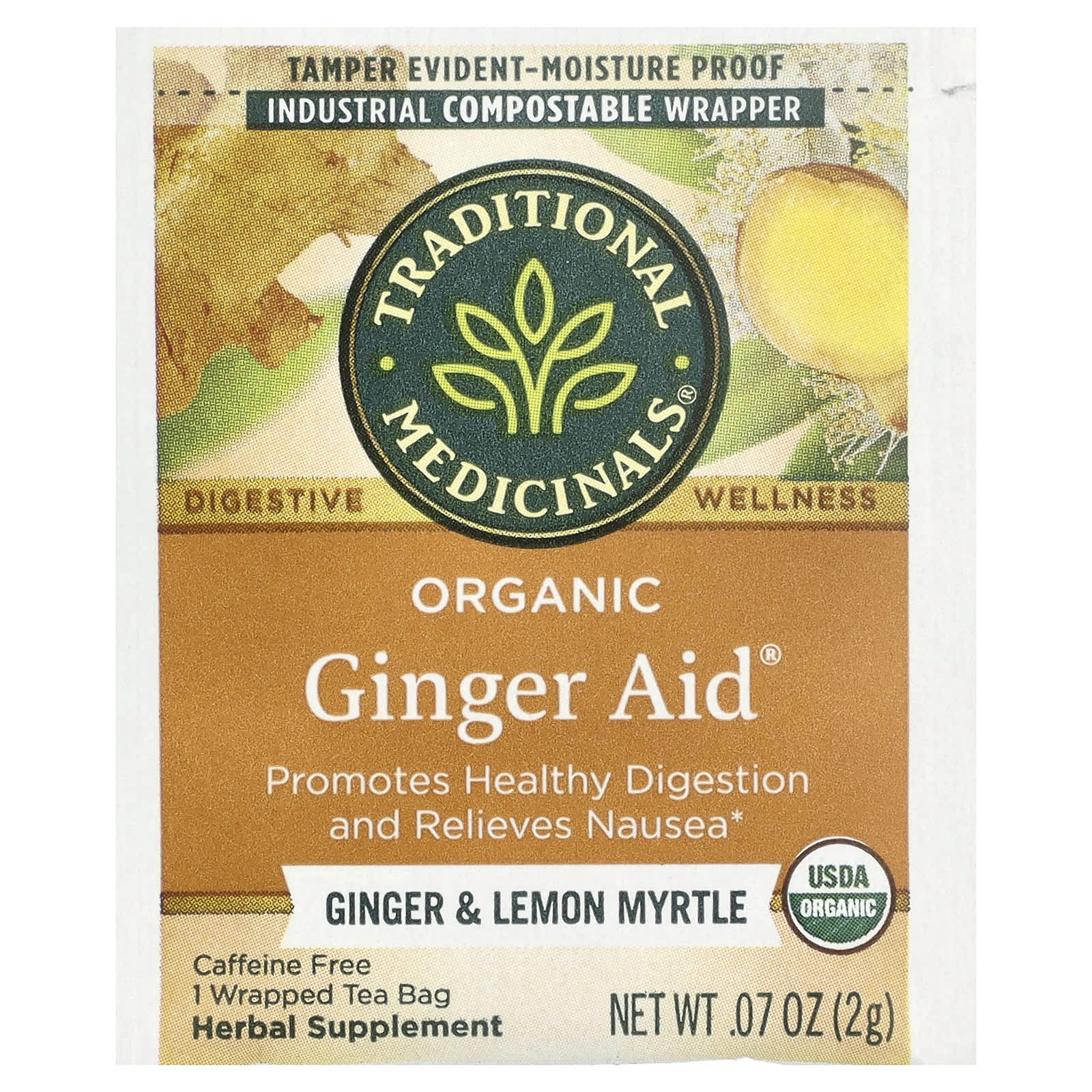 Чайные пакетики Traditional Medicinals Organic Ginger Aid®, без кофеина, вкус Ginger & Lemon Myrtle, 32 г, 16 чайных пакетиков — фото 5