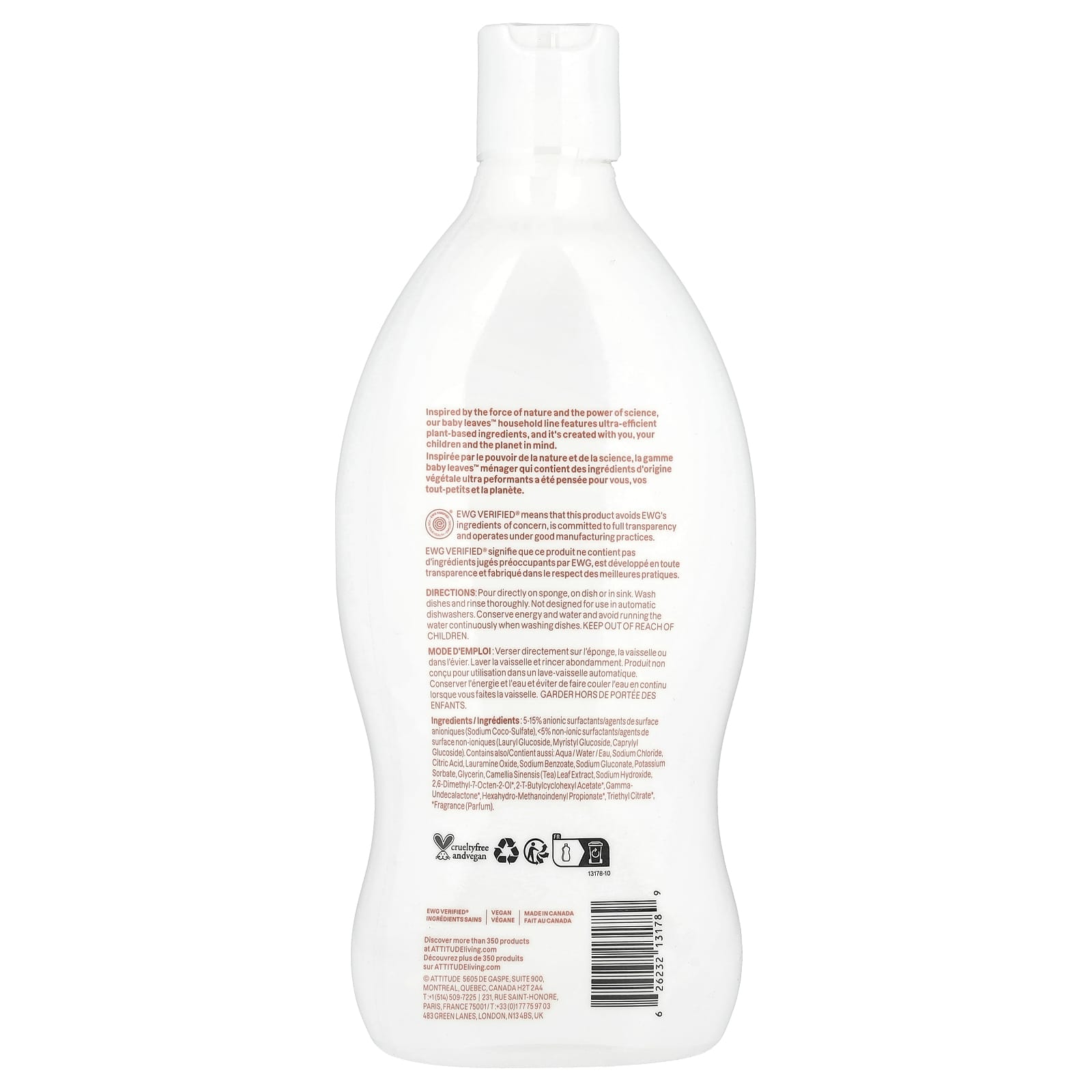 Средство для мытья детских бутылочек ATTITUDE Baby Leaves™ Pear Nectar, 700 мл, жидкая форма — фото 2