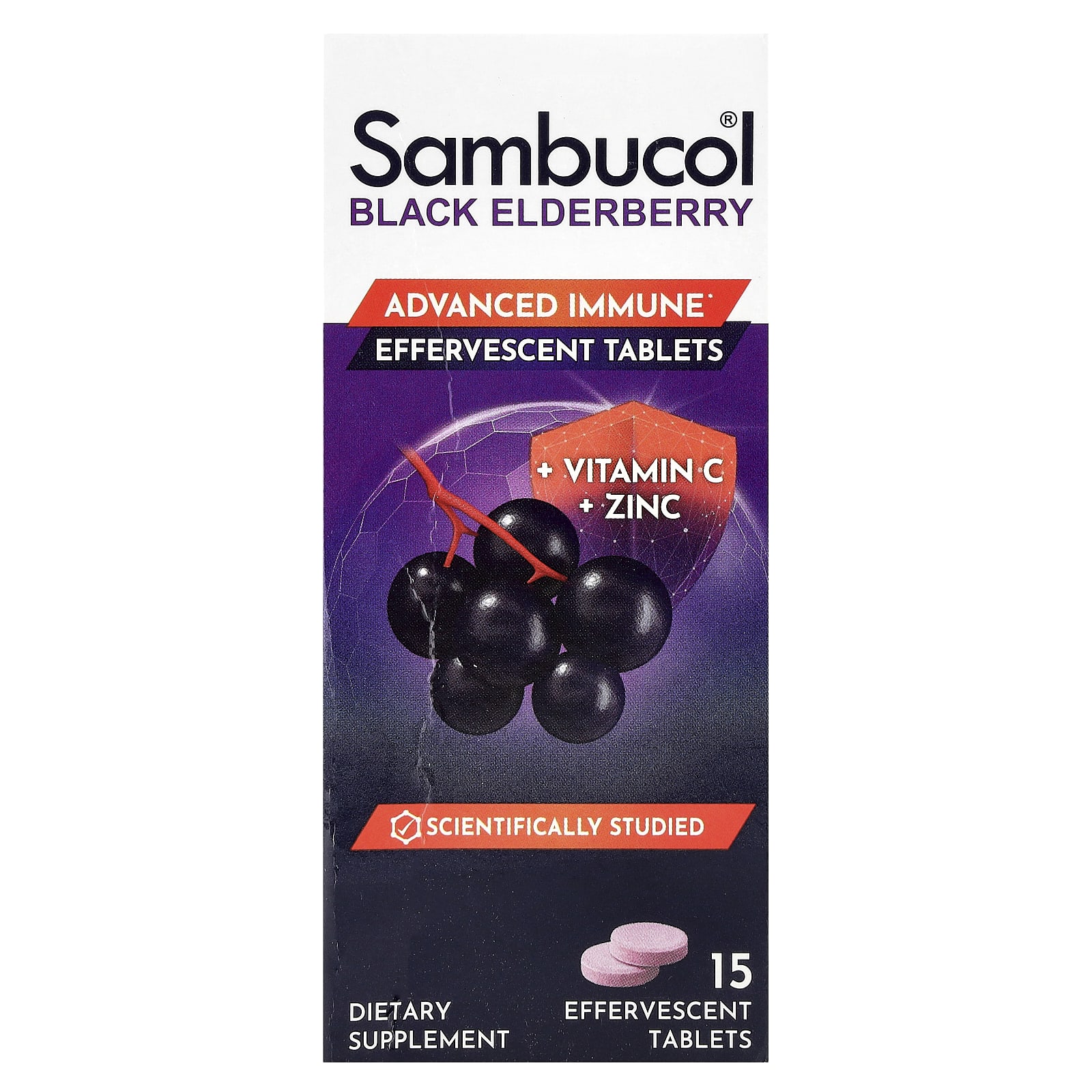 Бузина Sambucol Effervescent Tablets Vitamin C & Zinc 15 Effervescent Tablets, вкус Black Elderberry, для детей от 4 лет, таблетки — фото 2