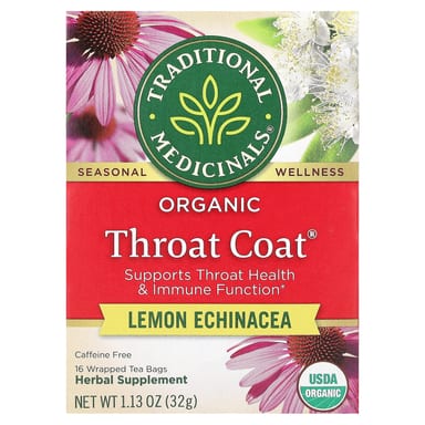 Чайные пакетики Traditional Medicinals Organic Throat Coat®, без кофеина, вкус Lemon Echinacea, 32 г, 16 чайных пакетиков