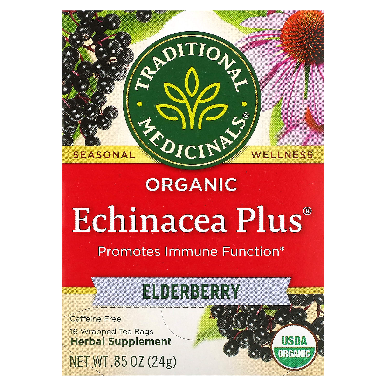 Чайные пакетики Traditional Medicinals Organic Echinacea Plus®, без кофеина, вкус Elderberry, 24 г, 16 чайных пакетиков — фото 2