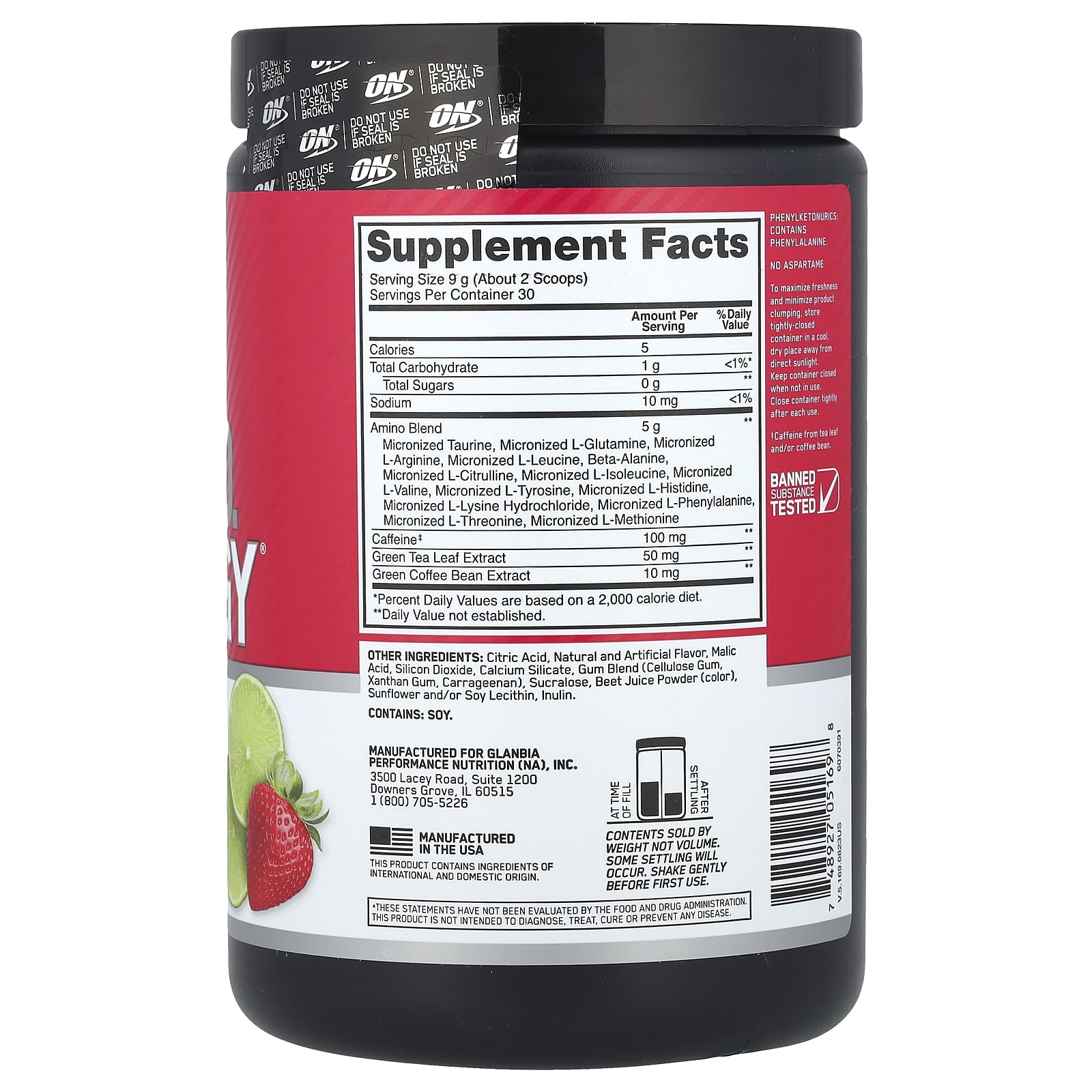 Энергетический напиток Optimum Nutrition, 270 г (9.5 oz), клубника-лайм — фото 2