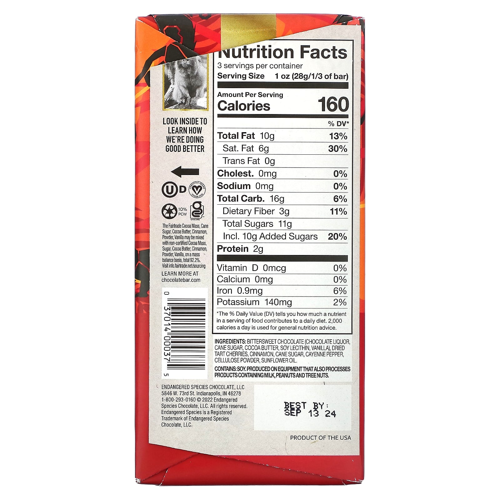 Темный шоколад Endangered Species Chocolate Bar Cinnamon Cayenne & Cherries 60% Cocoa, вкус Dark Chocolate Bar, Cinnamon Cayenne & Cherries, 85 г, батончик — фото 2