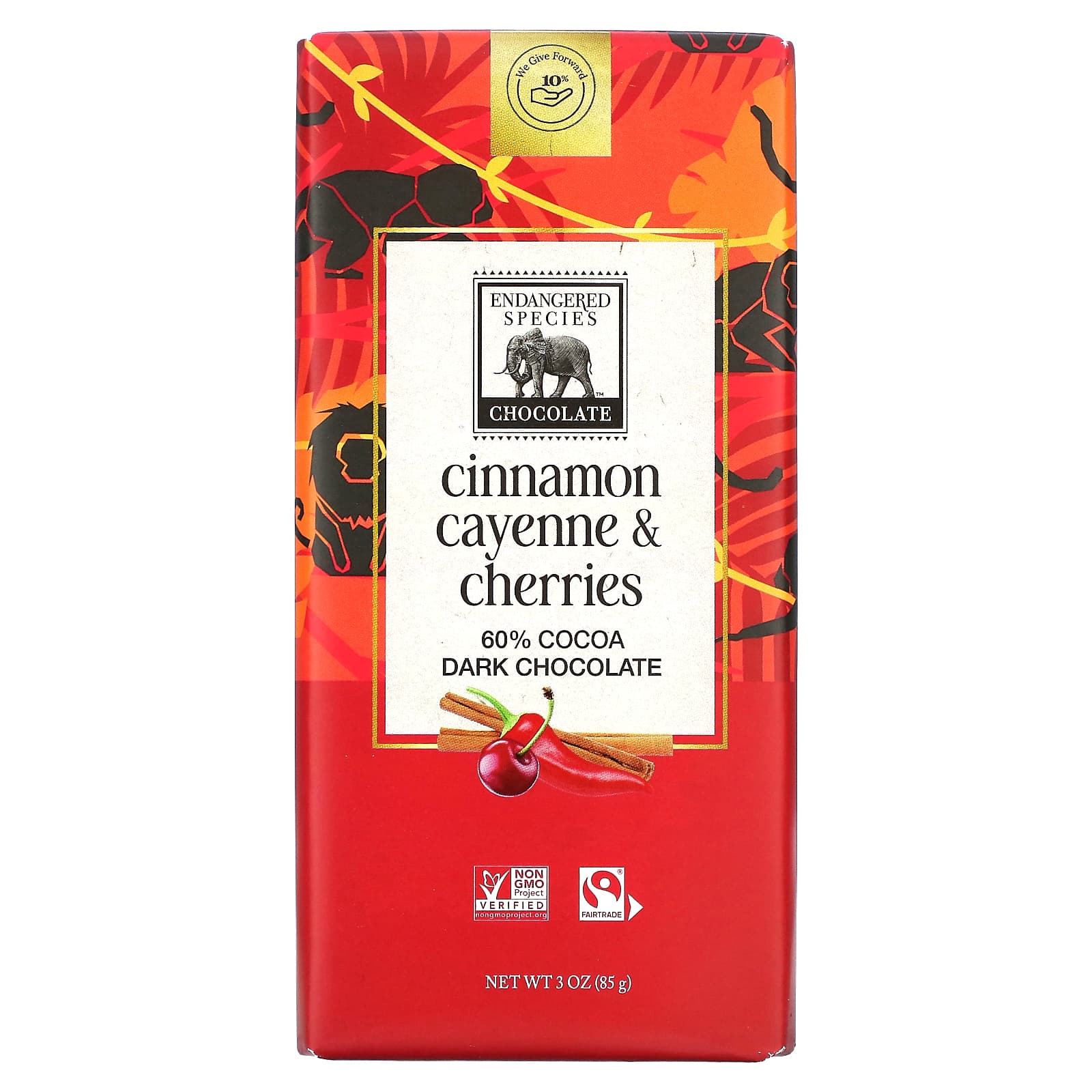 Темный шоколад Endangered Species Chocolate Bar Cinnamon Cayenne & Cherries 60% Cocoa, вкус Dark Chocolate Bar, Cinnamon Cayenne & Cherries, 85 г, батончик