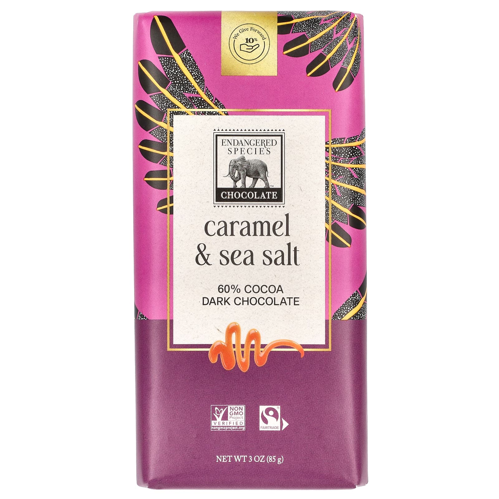 Темный шоколад Endangered Species Chocolate 60% Cocoa, вкус Caramel & Sea Salt Dark Chocolate, 85 г — фото 2