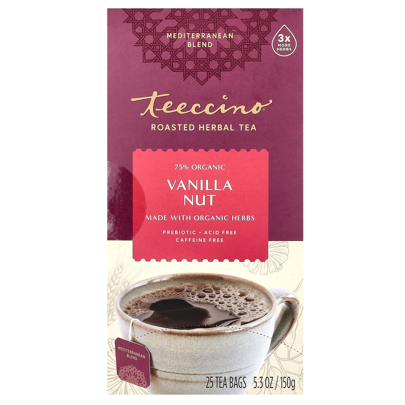 Травяной чай Teeccino Roasted 25 Tea Bags, без кофеина, вкус Vanilla Nut, 150 г, чайные пакетики — фото 3
