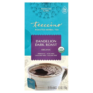 Травяной чай Teeccino Organic Roasted Dandelion Dark Roast 25 Tea Bags, без кофеина, 150 г, чайные пакетики