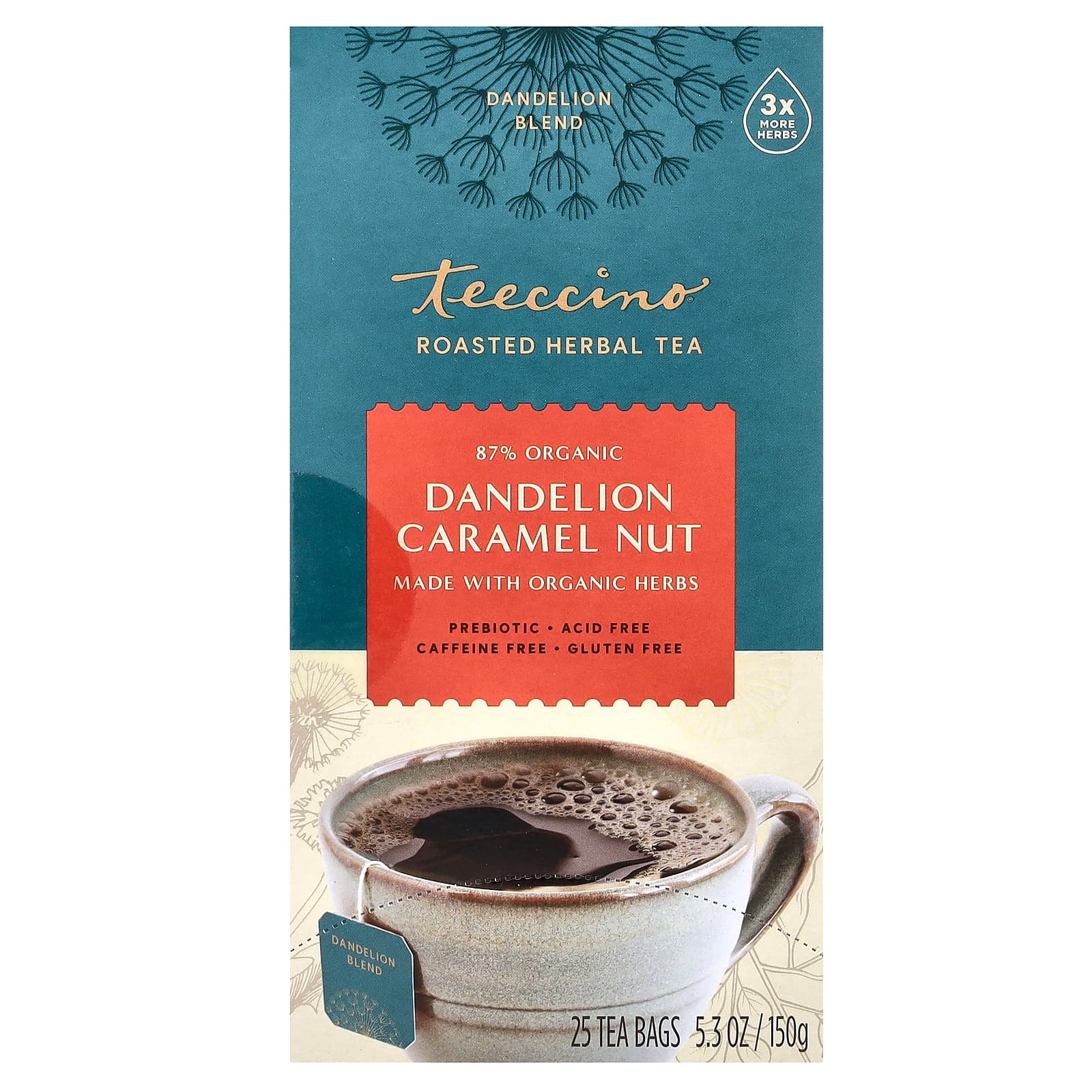 Травяной чай Teeccino Roasted Dandelion Caramel Nut 25 Tea Bags, без кофеина, 150 г, чайные пакетики — фото 3