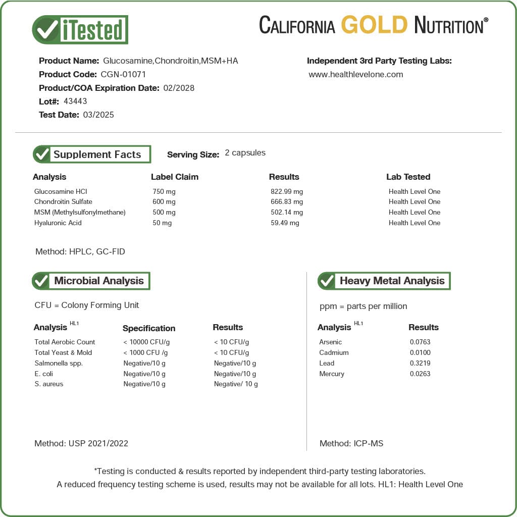 Гиалуроновая кислота California Gold Nutrition Glucosamine MSM Plus, оттенок Chondroitin, 120 растительных капсул — фото 4