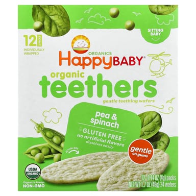 Детское вафли для прорезывания зубов Happy Family Organics Happy Baby® Organic Teethers Gentle Sitting Baby Pea & Spinach, 4 г, 12 пакетов