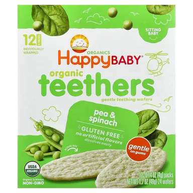 Фото товара: Детское вафли для прорезывания зубов Happy Family Organics Happy Baby® Organic Teethers Gentle Sitting Baby Pea & Spinach, 4 г, 12 пакетов